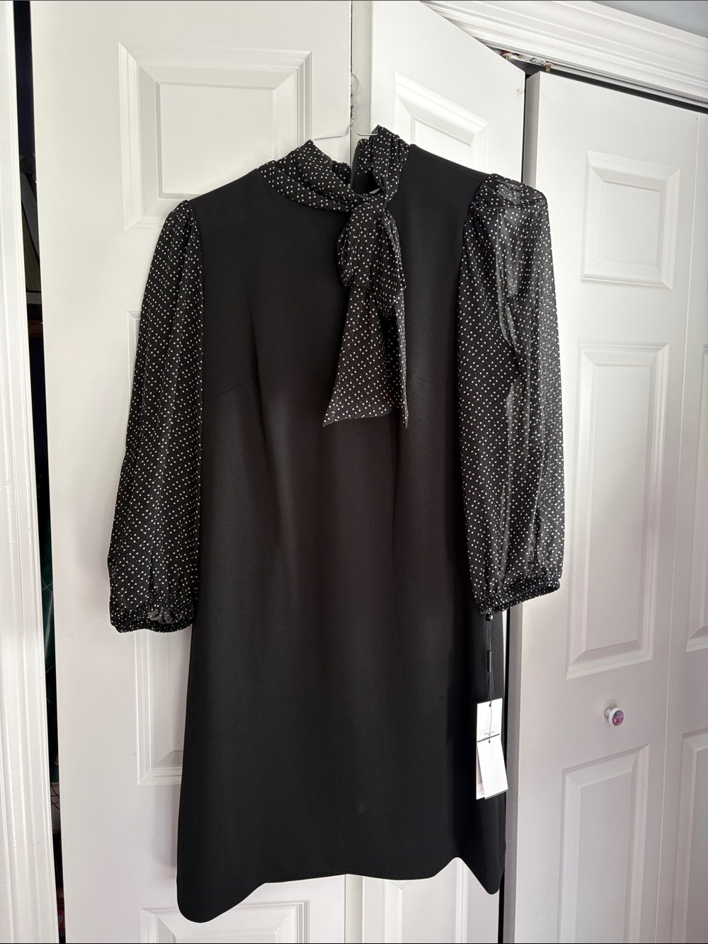 Black Polka Dot Tie-Neck Dress